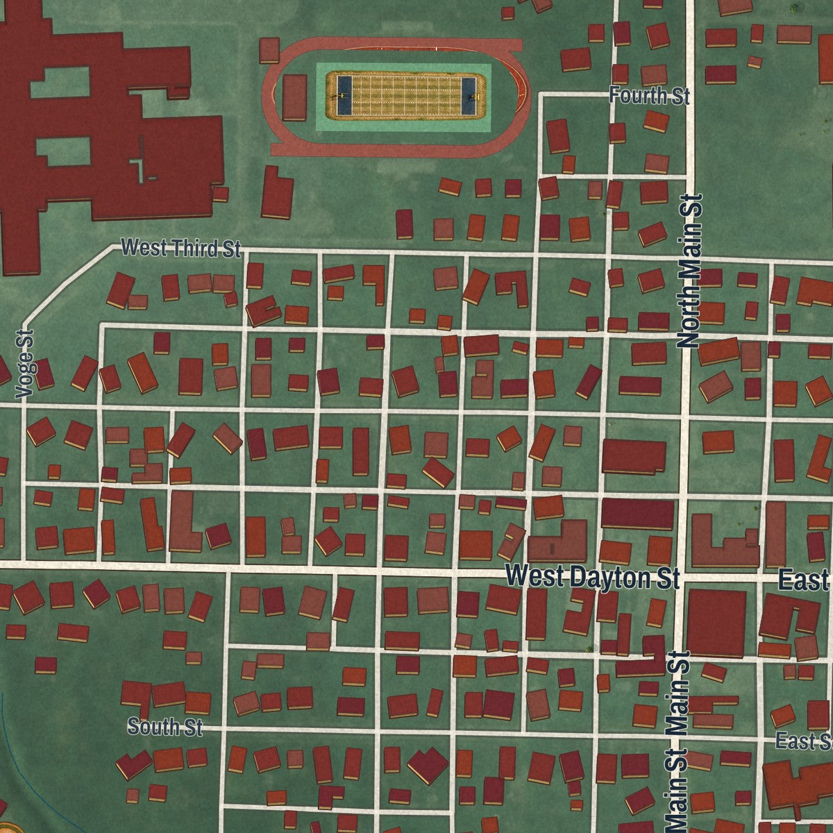 Close-up of the map of West Alexandria, Ohio print showing street and building detail