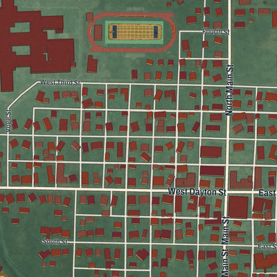 Close-up of the map of West Alexandria, Ohio print showing street and building detail