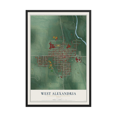 Map of West Alexandria, Ohio, 12 x 18 inch print in a black wood frame