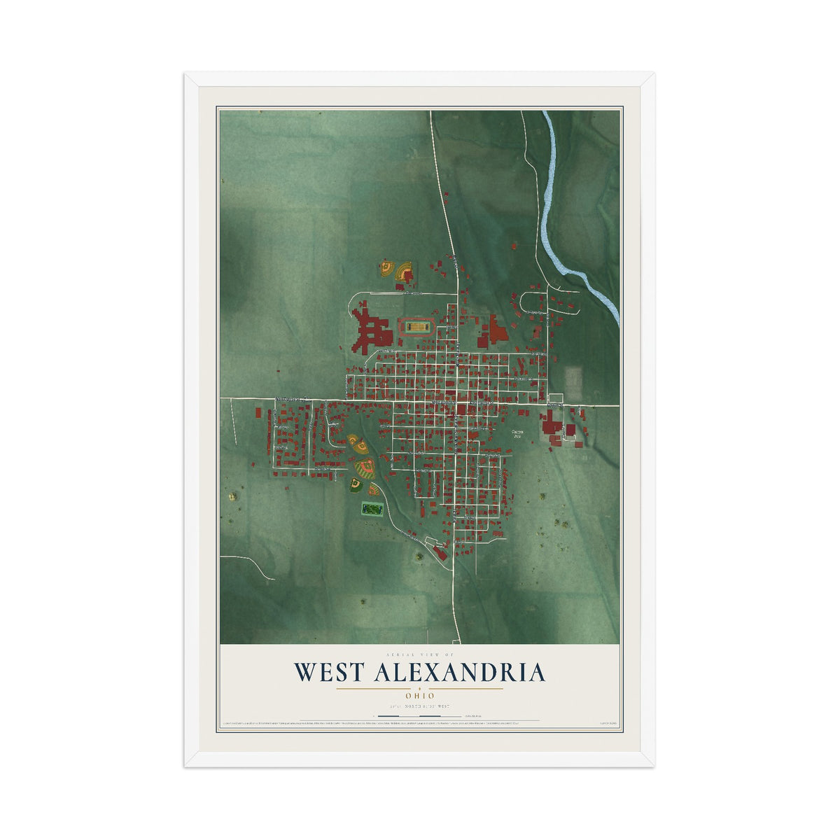 Map of West Alexandria, Ohio, 12 x 18 inch print in a white wood frame