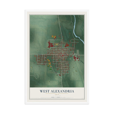 Map of West Alexandria, Ohio, 12 x 18 inch print in a white wood frame
