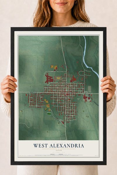 Map of West Alexandria, Ohio, 18 x 24 inch print in a black wood frame