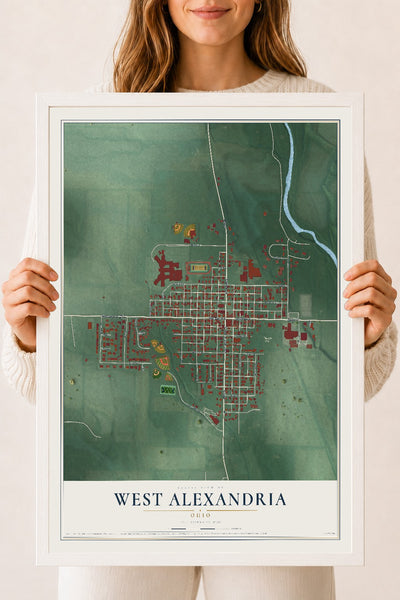 Map of West Alexandria, Ohio, 18 x 24 inch print in a white wood frame