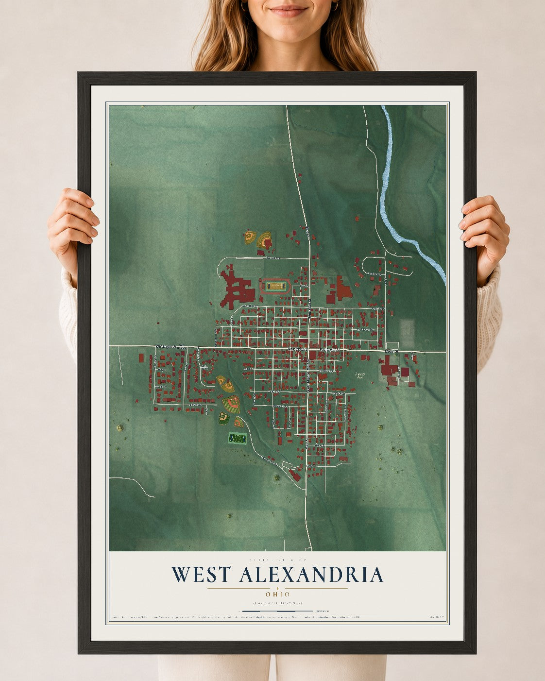 Map of West Alexandria, Ohio, 24 x 36 inch print in a black wood frame