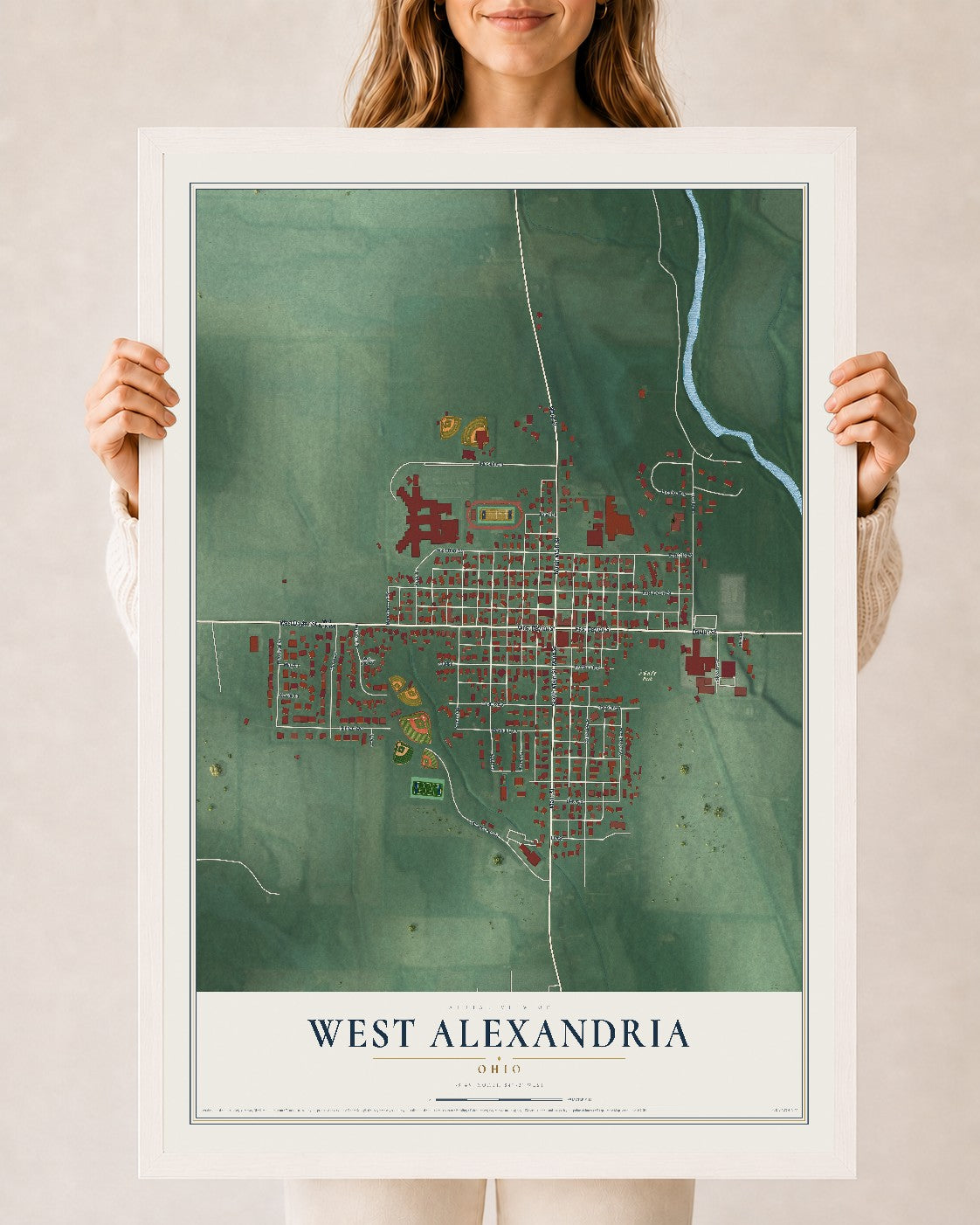 Map of West Alexandria, Ohio, 24 x 36 inch print in a white wood frame