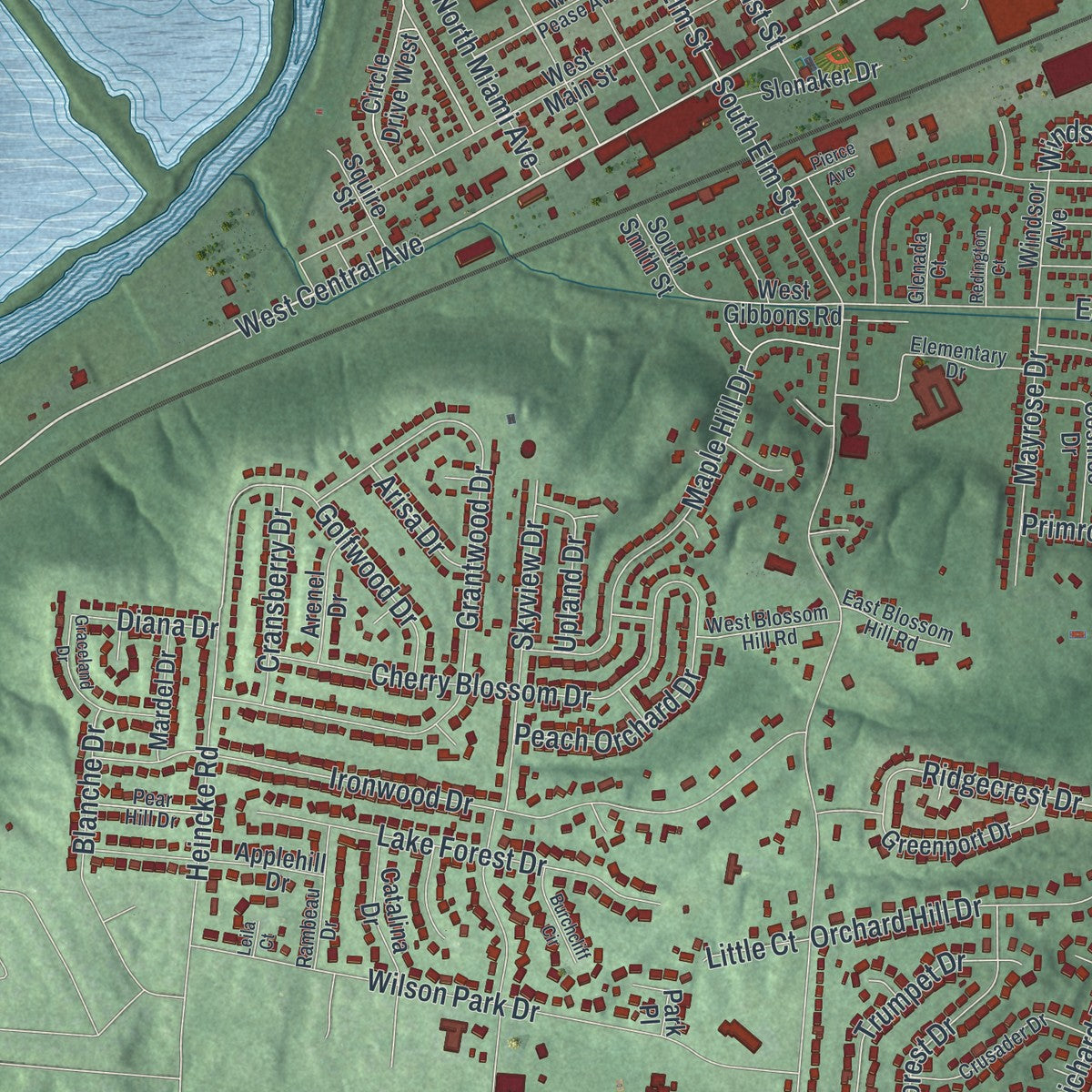 Close-up of the map of West Carrollton, Ohio print showing street and building detail