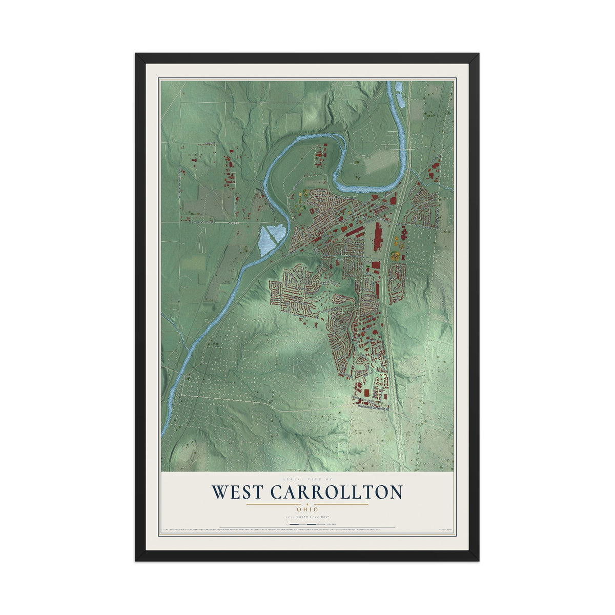 Map of West Carrollton, Ohio, 12 x 18 inch print in a black wood frame