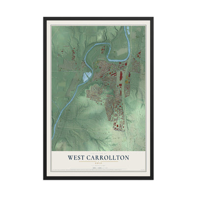 Map of West Carrollton, Ohio, 12 x 18 inch print in a black wood frame