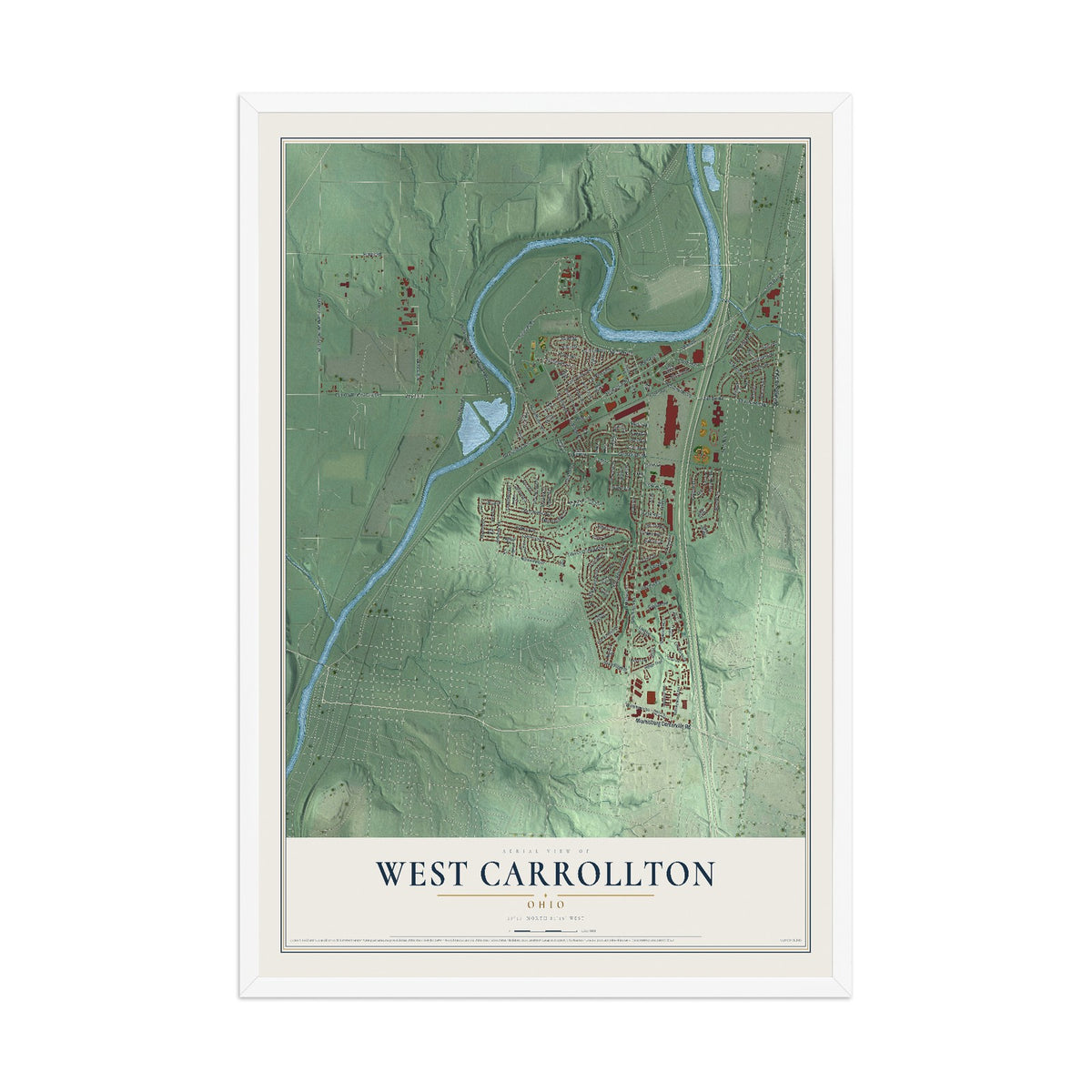 Map of West Carrollton, Ohio, 12 x 18 inch print in a white wood frame