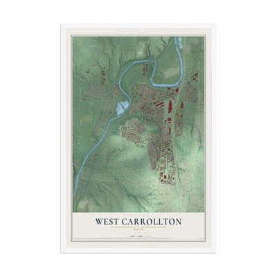 Map of West Carrollton, Ohio, 12 x 18 inch print in a white wood frame