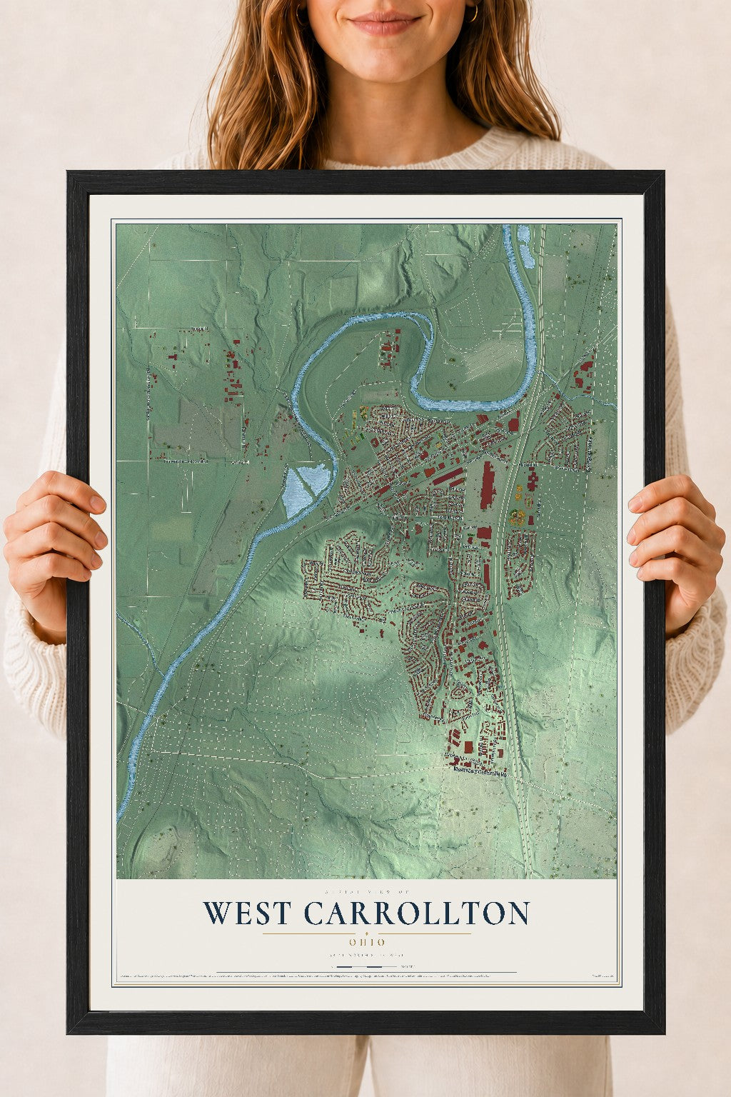 Map of West Carrollton, Ohio, 18 x 24 inch print in a black wood frame