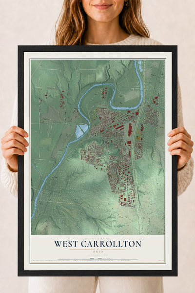 Map of West Carrollton, Ohio, 18 x 24 inch print in a black wood frame