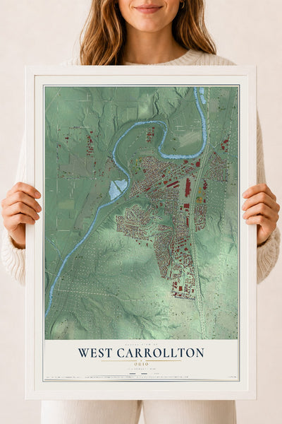 Map of West Carrollton, Ohio, 18 x 24 inch print in a white wood frame