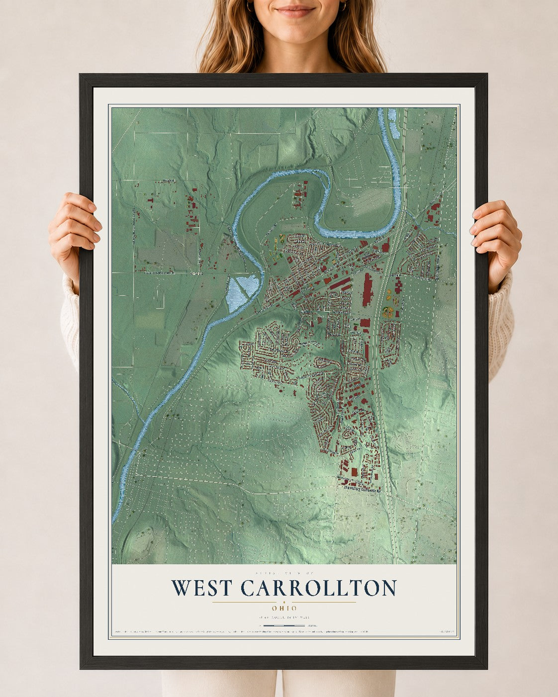 Map of West Carrollton, Ohio, 24 x 36 inch print in a black wood frame
