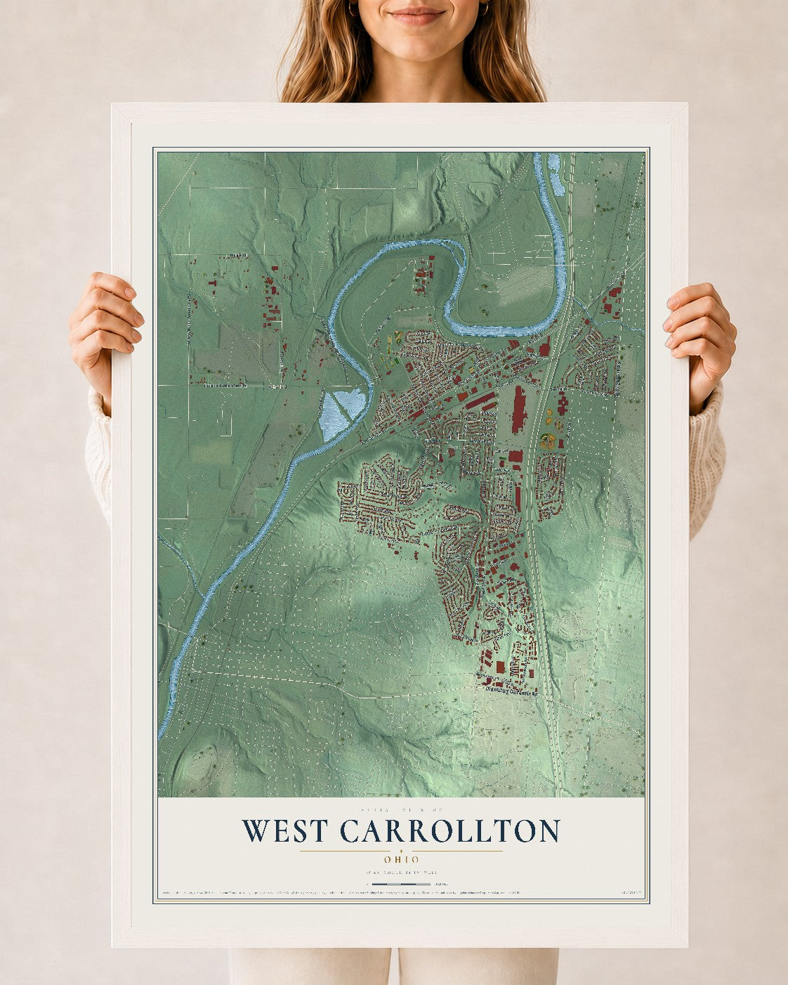 Map of West Carrollton, Ohio, 24 x 36 inch print in a white wood frame