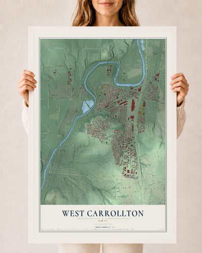 Map of West Carrollton, Ohio, 24 x 36 inch print in a white wood frame