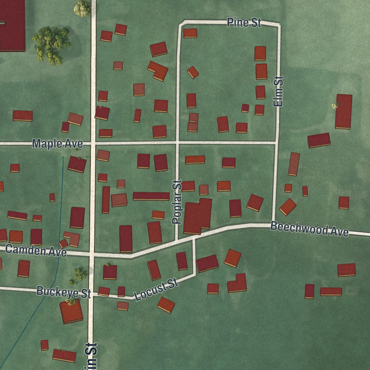 Close-up of the map of West Elkton, Ohio print showing street and building detail