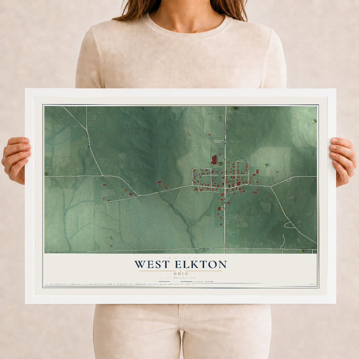 Map of West Elkton, Ohio, 12 x 18 inch print in a white wood frame