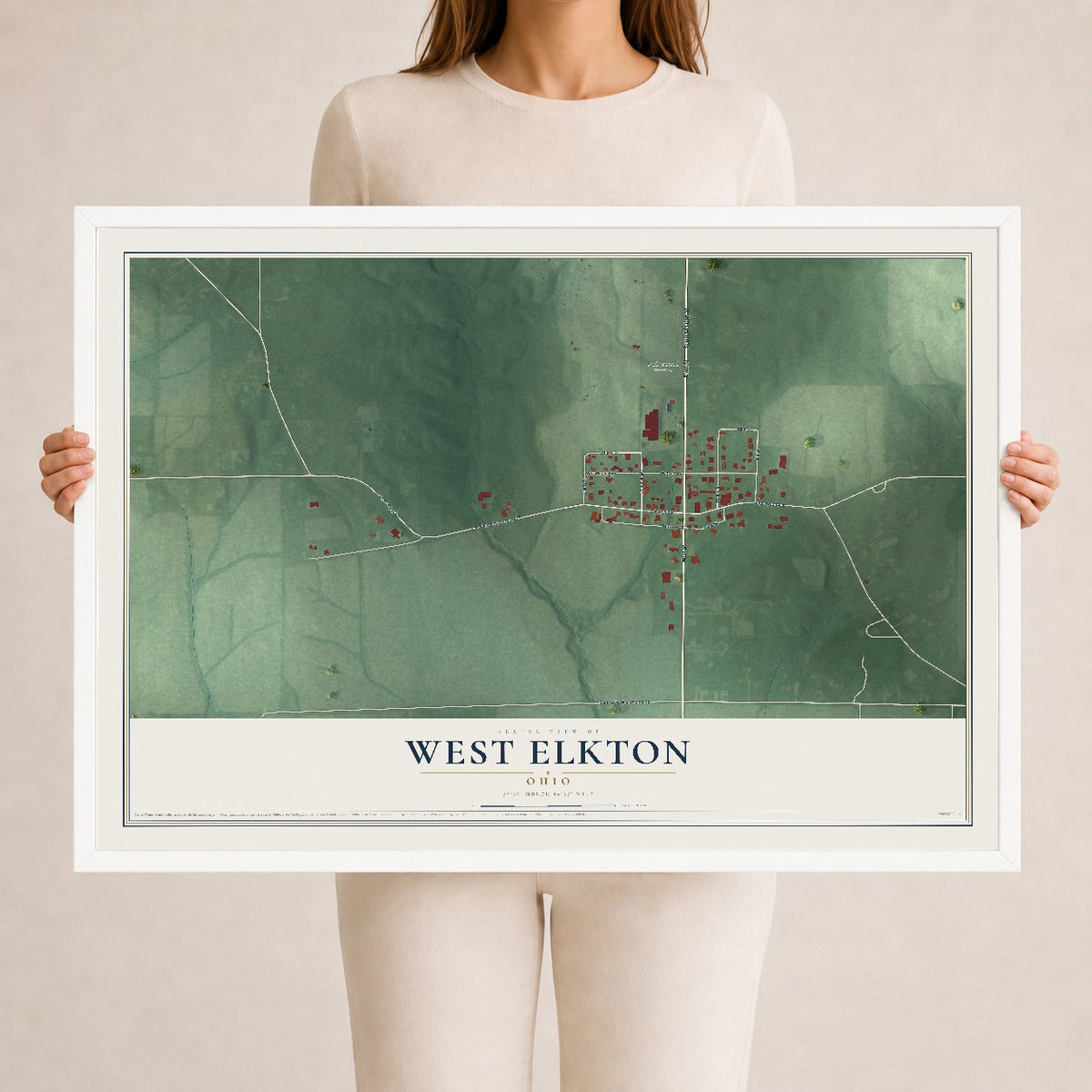 Map of West Elkton, Ohio, 24 x 36 inch print in a white wood frame
