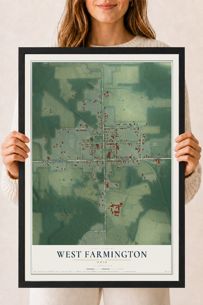 Map of West Farmington, Ohio, 18 x 24 inch print in a black wood frame
