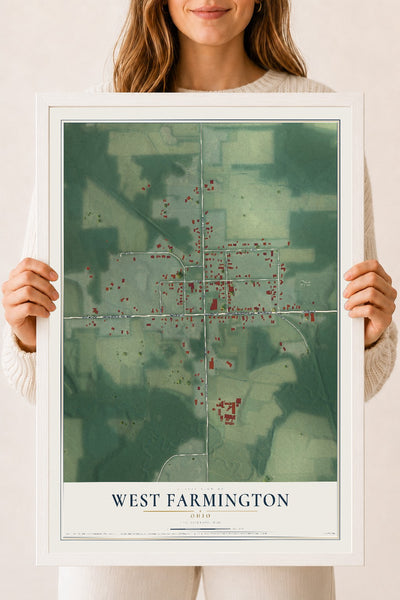 Map of West Farmington, Ohio, 18 x 24 inch print in a white wood frame