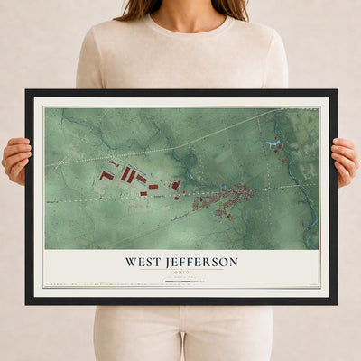 Map of West Jefferson, Ohio, 12 x 18 inch print in a black wood frame
