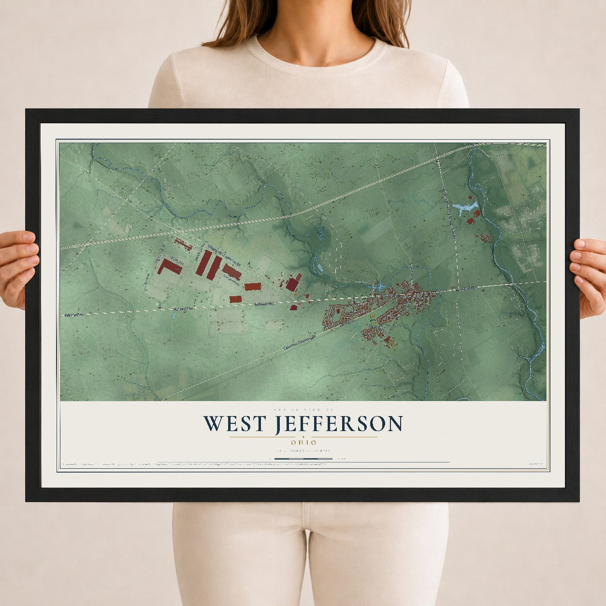 Map of West Jefferson, Ohio, 18 x 24 inch print in a black wood frame