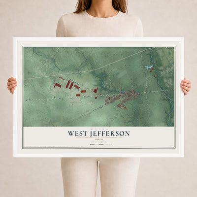 Map of West Jefferson, Ohio, 24 x 36 inch print in a white wood frame