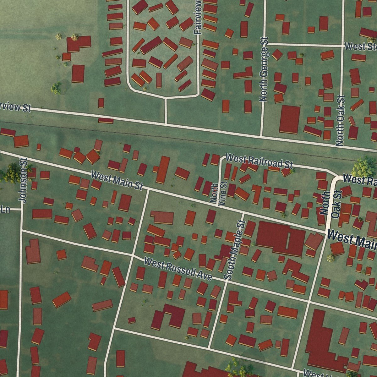 Second close-up of the map of West Lafayette, Ohio print showing more streets and buildings