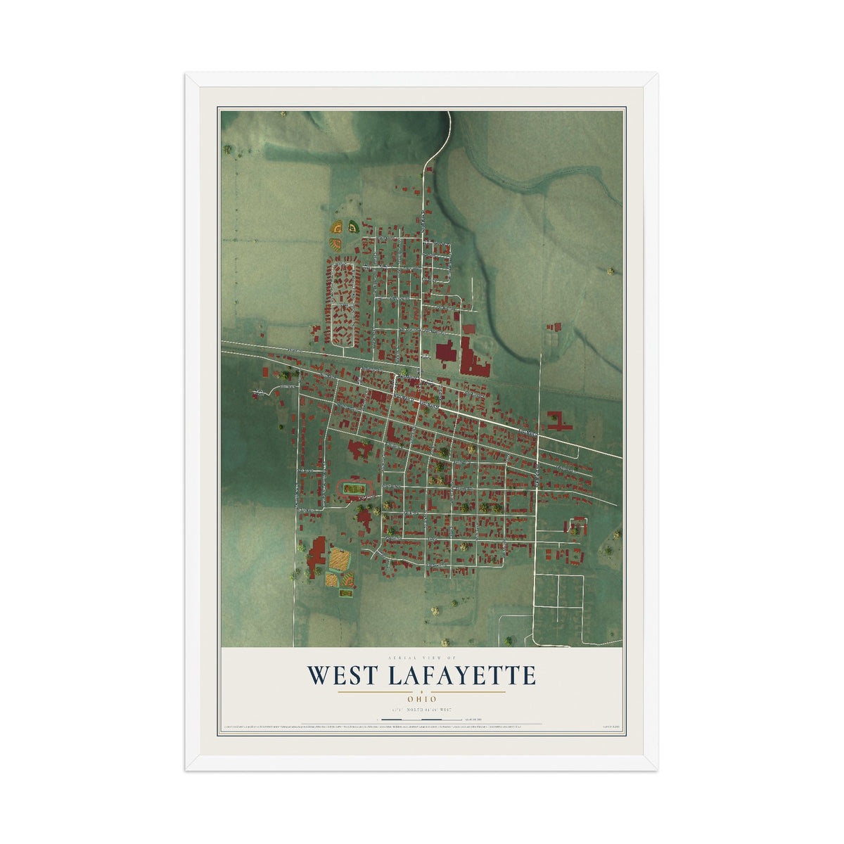 Map of West Lafayette, Ohio, 12 x 18 inch print in a white wood frame