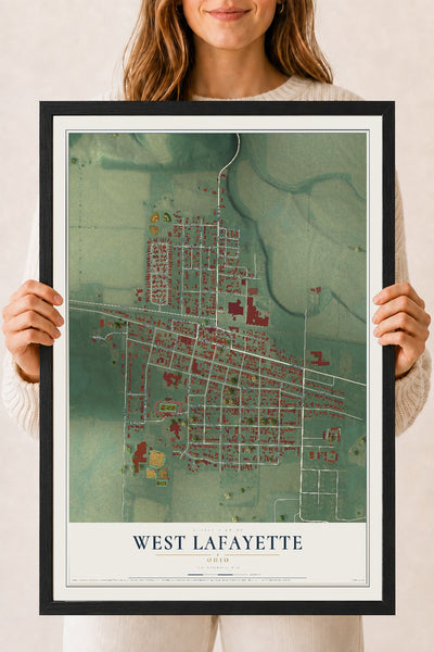 Map of West Lafayette, Ohio, 18 x 24 inch print in a black wood frame