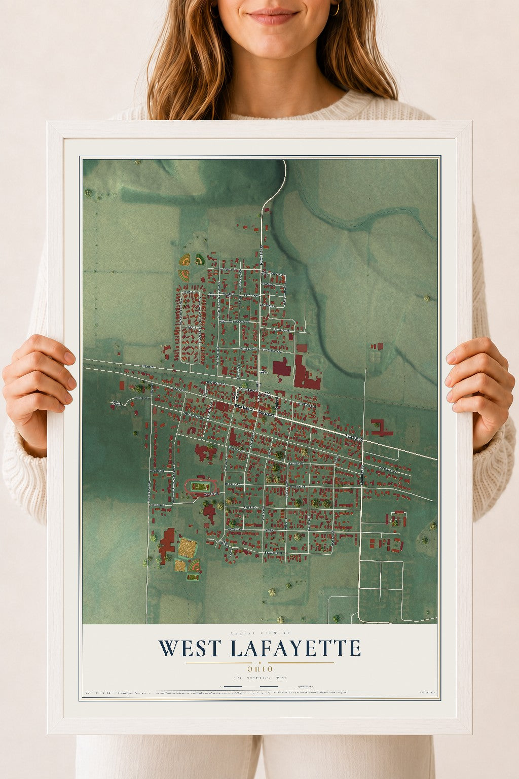 Map of West Lafayette, Ohio, 18 x 24 inch print in a white wood frame