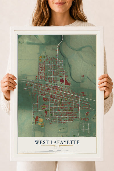 Map of West Lafayette, Ohio, 18 x 24 inch print in a white wood frame