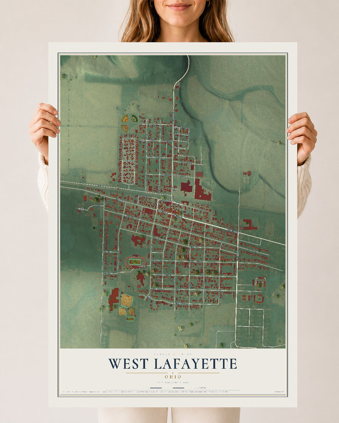 Map of West Lafayette, Ohio, 24 x 36 inch unframed archival matte print