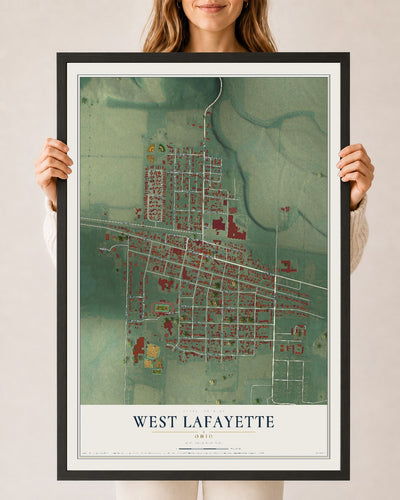 Map of West Lafayette, Ohio, 24 x 36 inch print in a black wood frame