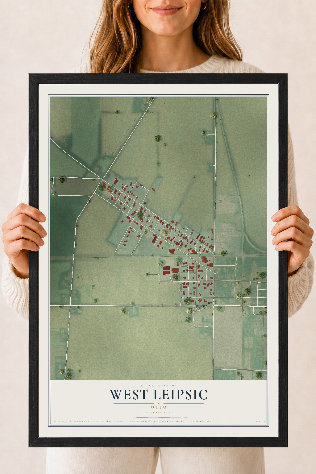 Map of West Leipsic, Ohio, 18 x 24 inch print in a black wood frame