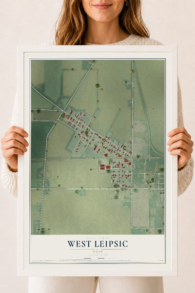 Map of West Leipsic, Ohio, 18 x 24 inch print in a white wood frame