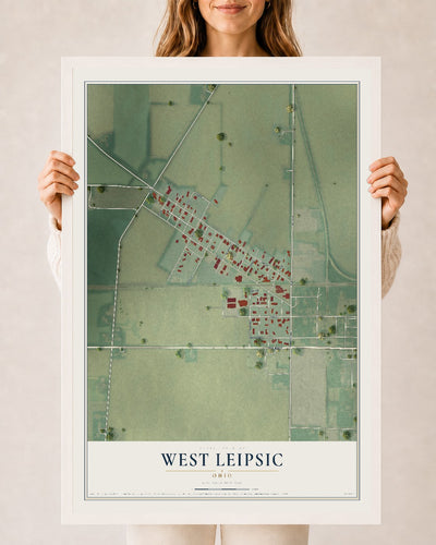 Map of West Leipsic, Ohio, 24 x 36 inch print in a white wood frame
