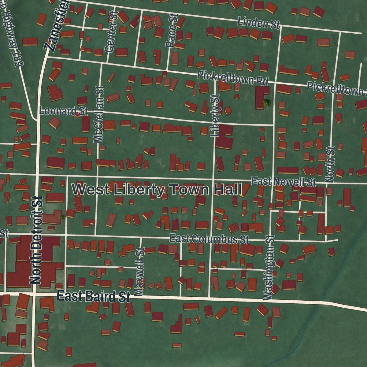 Close-up of the map of West Liberty, Ohio print showing street and building detail