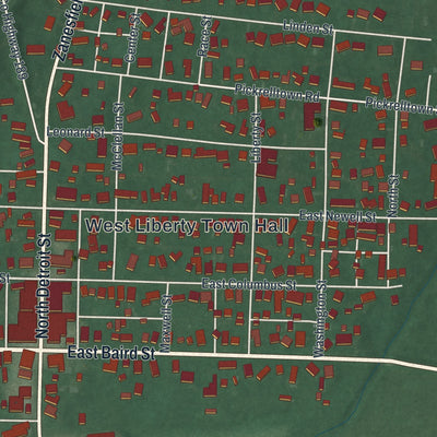 Close-up of the map of West Liberty, Ohio print showing street and building detail