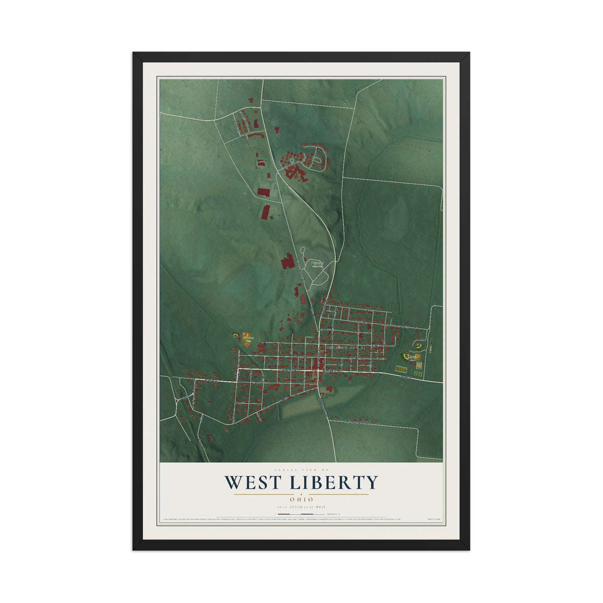 Map of West Liberty, Ohio, 12 x 18 inch print in a black wood frame