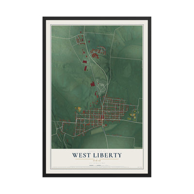 Map of West Liberty, Ohio, 12 x 18 inch print in a black wood frame