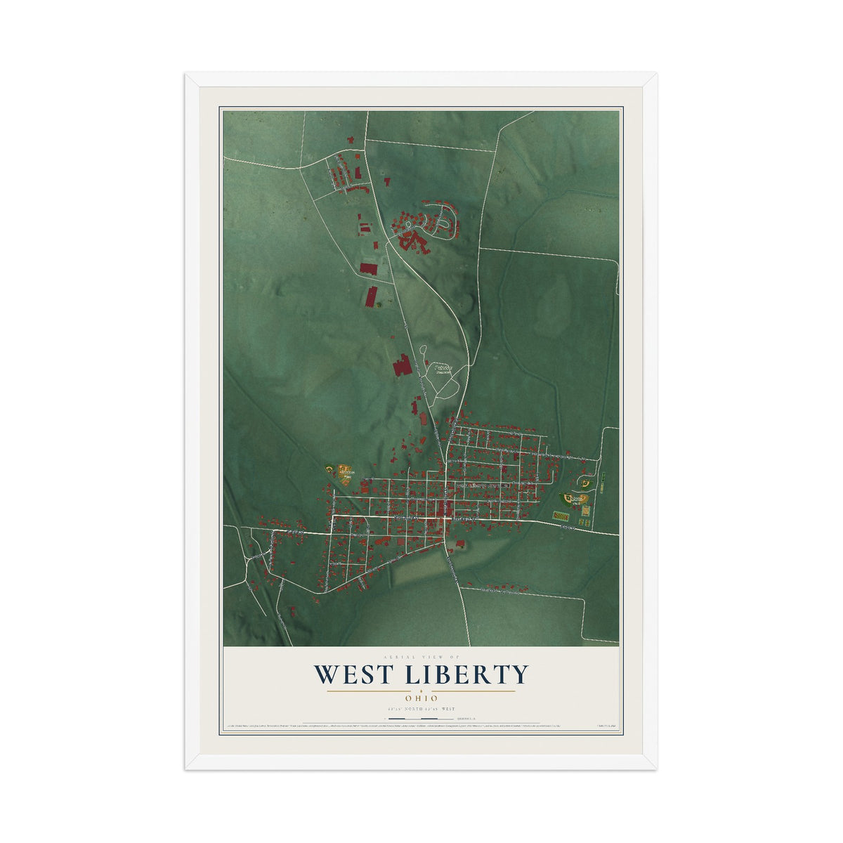Map of West Liberty, Ohio, 12 x 18 inch print in a white wood frame