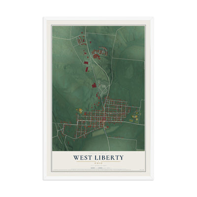 Map of West Liberty, Ohio, 12 x 18 inch print in a white wood frame