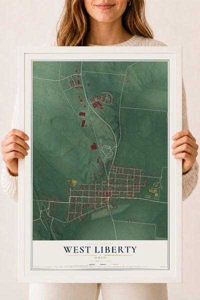 Map of West Liberty, Ohio, 18 x 24 inch print in a white wood frame