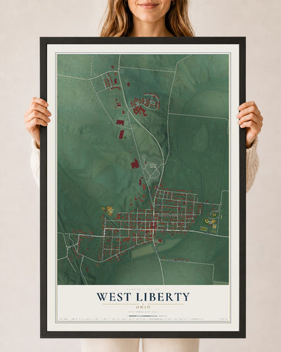 Map of West Liberty, Ohio, 24 x 36 inch print in a black wood frame