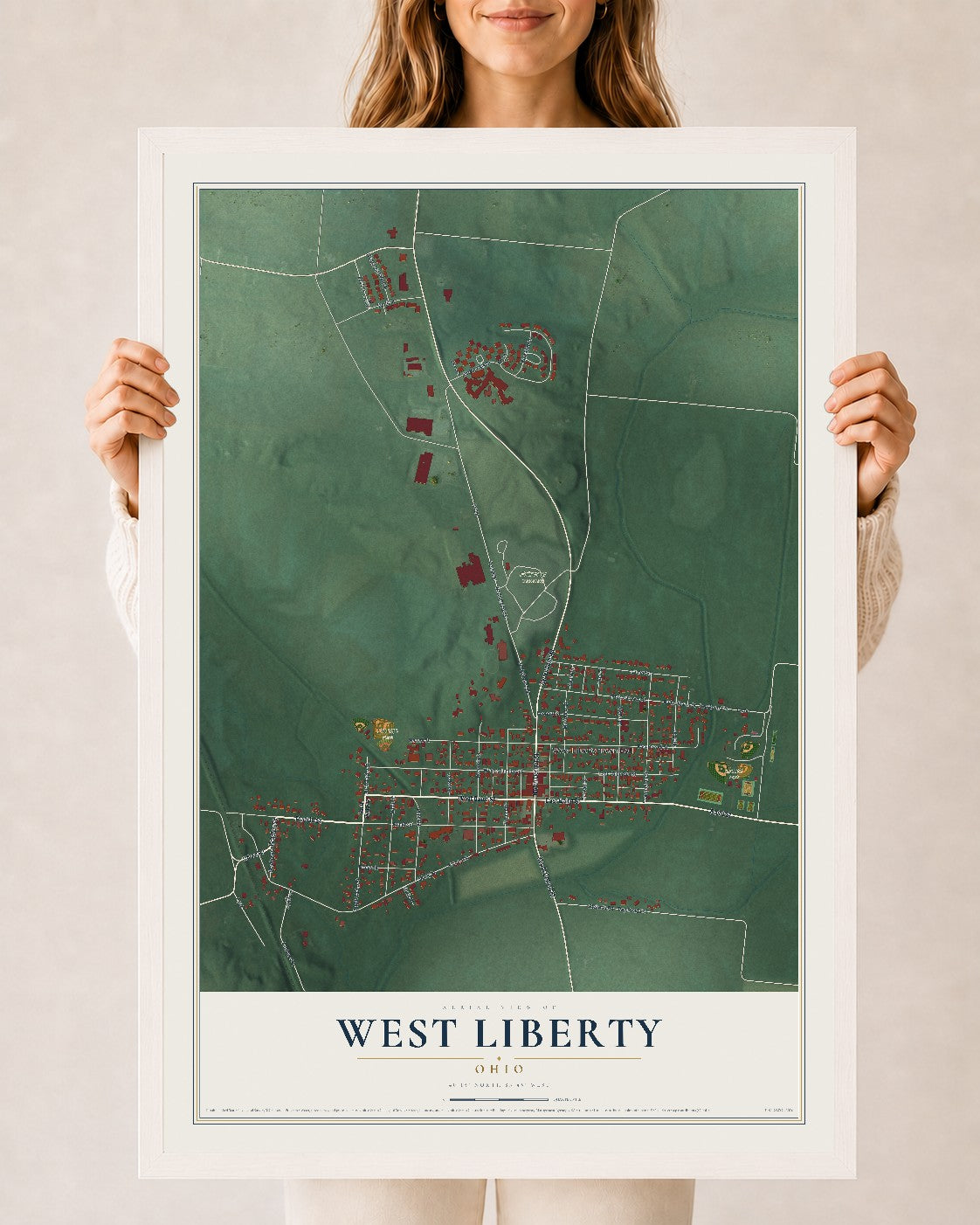 Map of West Liberty, Ohio, 24 x 36 inch print in a white wood frame