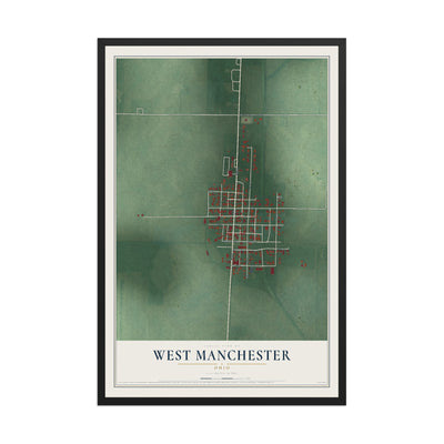 Map of West Manchester, Ohio, 12 x 18 inch print in a black wood frame
