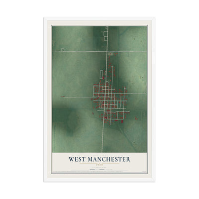 Map of West Manchester, Ohio, 12 x 18 inch print in a white wood frame