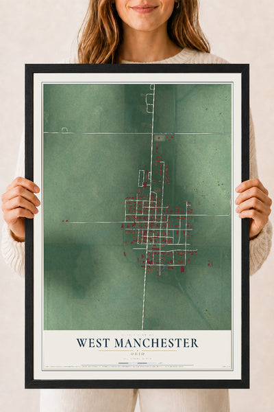 Map of West Manchester, Ohio, 18 x 24 inch print in a black wood frame